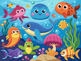 Sea life. Cartoon ocean underwater animals. Cute water fish, sea horse, crab, shark, dolphin, turtle, happy jellyfish. Marine wildlife creatures. Kids vector illustration.
