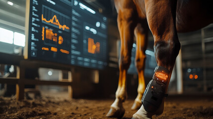 A close-up of a horse's leg equipped with a smart sensor device in a modern barn. Data analysis screens in the background highlight the use of technology in equine health monitoring.