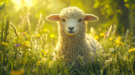 Obraz premium A cute lamb sits contentedly in a sunlit meadow surrounded by wildflowers, symbolizing the peacefulness and natural beauty of pastoral life.