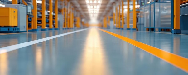 A modern warehouse interior showcasing clean floors and organized storage areas, designed for efficiency and productivity.