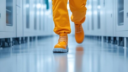 Fototapeta premium A person wearing orange pants and shoes walks through a bright corridor, highlighting modern workspaces and vibrant style.