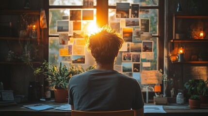 Fototapeta premium entrepreneur looking at a vision board filled with images and notes representing future goals and aspirations, with sunlight streaming through the window