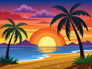 Sunset beach scene. Tropical evening paradise background with seawater, palm trees, sand. Palm silhouette on colorful sky. Evening ocean breeze. Nature summer sunset. Vector concept
