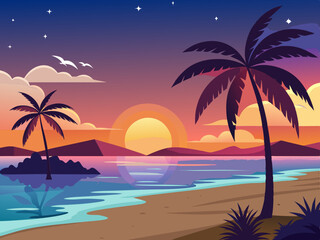 Sunset beach scene. Tropical evening paradise background with seawater, palm trees, sand. Palm silhouette on colorful sky. Evening ocean breeze. Nature summer sunset. Vector concept
