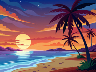 Sunset beach scene. Tropical evening paradise background with seawater, palm trees, sand. Palm silhouette on colorful sky. Evening ocean breeze. Nature summer sunset. Vector concept
