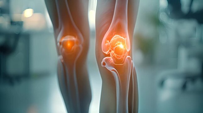 Close up view of human knees with visible bones and joints, x-ray style.