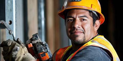 Obraz premium Hispanic construction worker, hard hat and reflective vest, using power tools on a building site.
