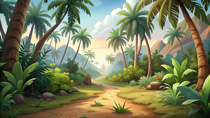 Horizontal cartoon background jungle with hiking road