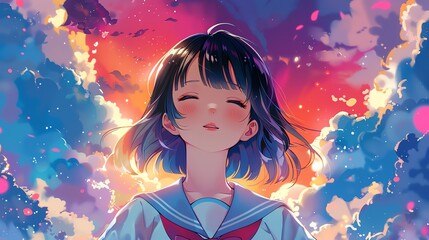 Anime girl in school uniform, colorful background, daydreaming, cheerful and whimsical