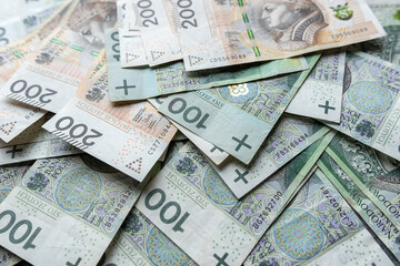  Many polish banknotes 100, 200 as financial background