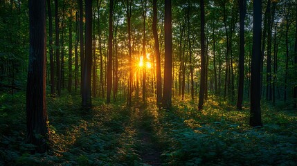 Fototapeta premium Misty morning sunlight filters through golden foliage along a winding forest path