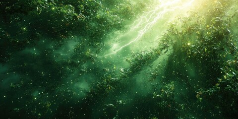 Fototapeta premium A Bright Lightning Bolt Piercing Through Green Foliage and a Starry Sky