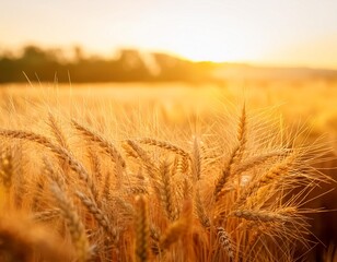 golden wheat field at sunset closeup of ripe ears warm golden hour light pastoral landscape serene rural scene natures bounty