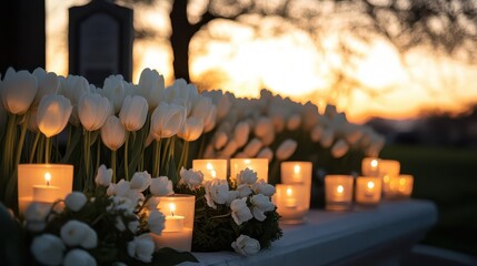 A sunset funeral service with a memorial decorated with white tulips and glowing candles
