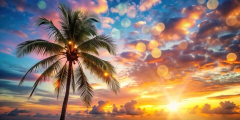 Tropical palm tree with colorful bokeh sun light on sunset sky cloud abstract background, Tropical, palm tree, colorful, bokeh
