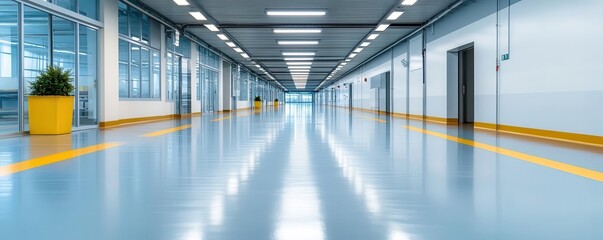 Obraz premium Modern corridor with shiny floors, well-lit ceiling, and bright colors, perfect for showcasing minimalist architecture and design.