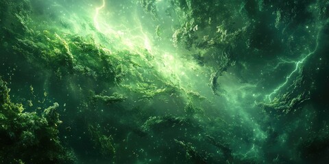 A Cosmic Landscape of Green Nebulae and Lightning