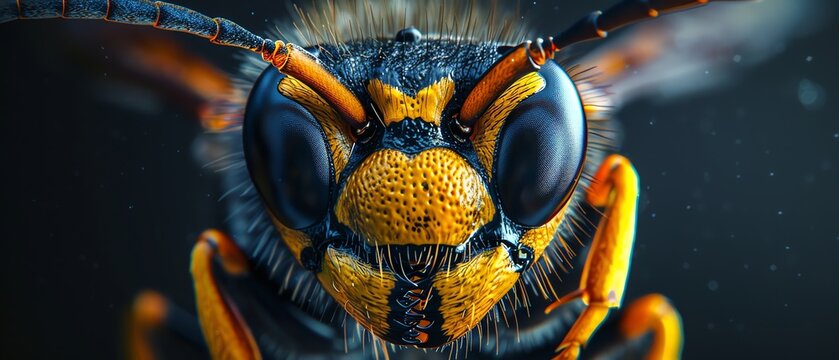 Closeup of a wasps face, macro shot, intense details, dark background