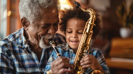 Naklejka premium A grandparent playing a musical instrument, sharing their love of music with their grandchild