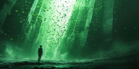 Fototapeta premium A lone figure stands before a swirling green vortex in a dark, cavernous space.