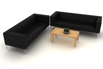 Black sofa isolated on white empty floor background.	
