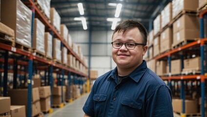 Obraz premium Portrait of young man with Down syndrome working in warehouse. Concept of workers with disabilities, support in workplace