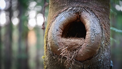 hidden birds nest nestled within hollow of rustic tree trunk nature photography