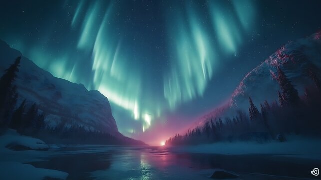 view of the northern lights at night time, seen in Alaska, , hyperrealistic photography, style of unsplash and National Geographic