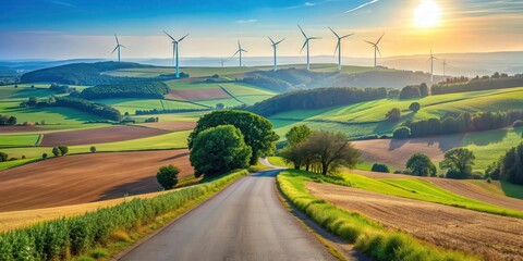 Rural road running alongside picturesque landscape with wind turbines in summer in Merzig, Saarland