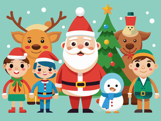 Christmas characters. Cartoon groovy 70s holiday mascots. Merry Christmas and Happy New Year. Comic Santa Claus, deer and snowman, elf and Christmas tree, gingerbread. Vector 60s winter holiday set
