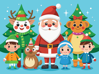Christmas characters. Cartoon groovy 70s holiday mascots. Merry Christmas and Happy New Year. Comic Santa Claus, deer and snowman, elf and Christmas tree, gingerbread. Vector 60s winter holiday set
