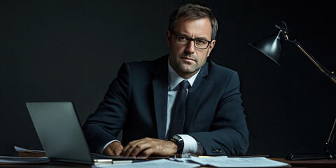 Caucasian businessman wearing suit, tie and glasses, sitting at a desk with a laptop and financial documents.
