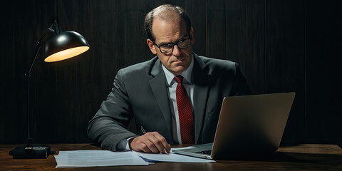 Caucasian businessman wearing suit, tie and glasses, sitting at a desk with a laptop and financial documents.