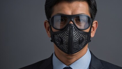 Obraz premium Portrait, business man and spy with mask in studio isolated on gray background