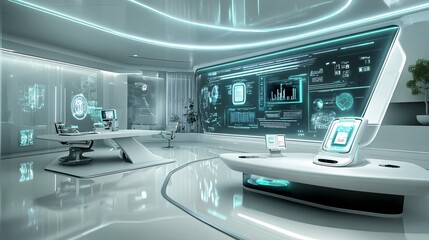 Obraz premium A futuristic office with advanced business technology development systems in action