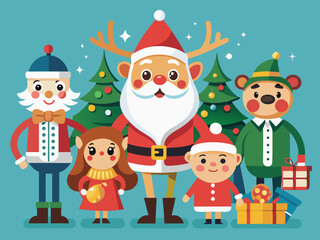 Christmas characters. Cartoon groovy 70s holiday mascots. Merry Christmas and Happy New Year. Comic Santa Claus, deer and snowman, elf and Christmas tree, gingerbread. Vector 60s winter holiday set
