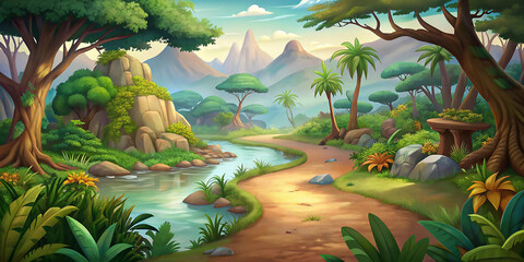 Horizontal cartoon background jungle with hiking road