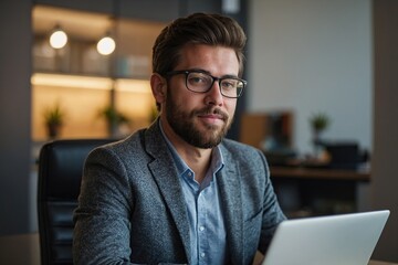 Creative business man in startup office for career or job . Face, confident professional and entrepreneur on computer for email article, report