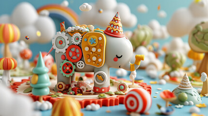 Whimsical 3D Elephant in Fantastical Landscape