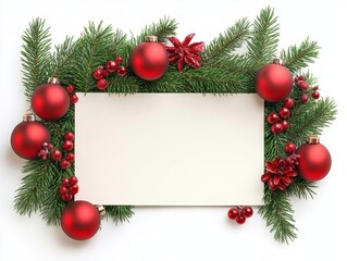Festive Christmas decoration with red ornaments and pine branches on a white background