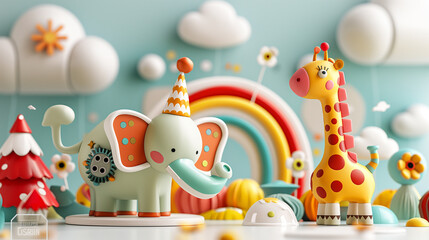 Naklejka premium Whimsical 3D Elephant and Giraffe in Fantasy World