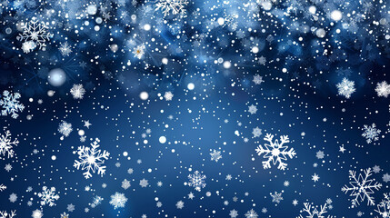 Obraz premium A blue background with snowflakes falling from the sky. The snowflakes are white and scattered throughout the image.