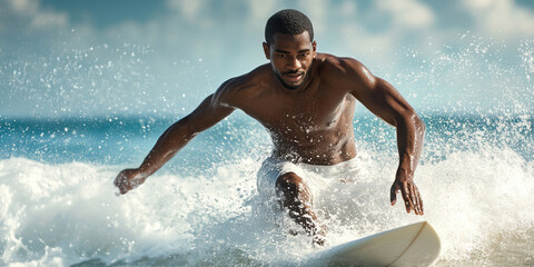 Young African American man surfing waves on beach with surfboard