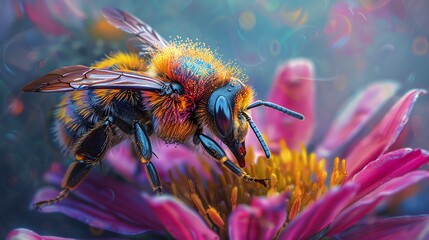 Macro bee on flower, detailed closeup, vibrant colors, realistic and intense