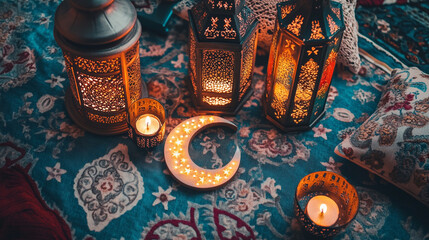 Fototapeta premium A flat lay of Ramadan-themed table decor Islamic Ramadan