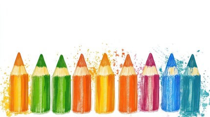 Closeup of 8 colorful pencils on white background with pencil shavings.