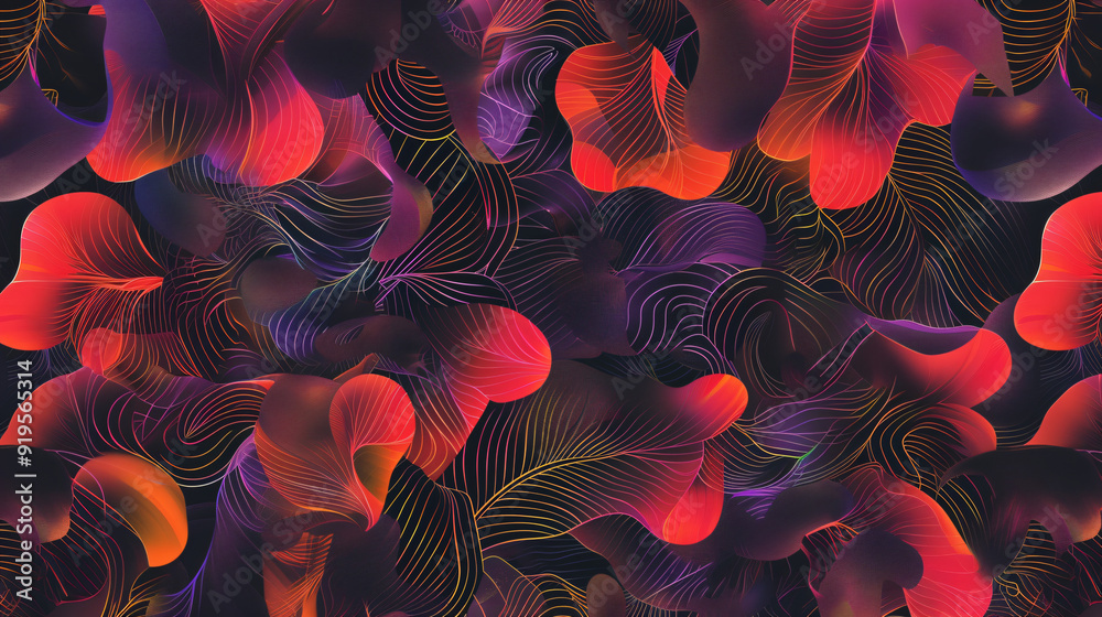 Aufkleber Abstract seamless pattern with red and purple shapes resembling flower petals, creating a sense of depth and movement