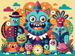 Funny abstract characters. Cartoon comic shape with faces and different emotions. Retro funky strange animal, flower. Amorphous psychedelic character vector set
