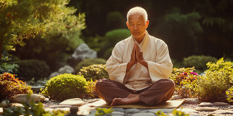 Older Asian man practicing yoga postures in zen garden