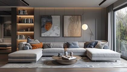 Modern living room, cozy sofa, blue accents, minimalistic design, natural light, calm atmosphere